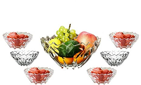 Reldor 7 Piece Crystal Glass Bowl Set Decorative Fruit Bowl Set Fruit Trifle Crystal Cut Effect Elegant Serving - Ideal Trifle Bowl for Salad Ice Cream Serving Bowls Dessert Sundae Glasses