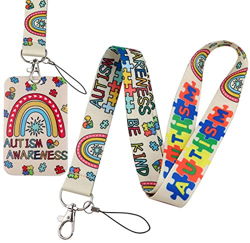 Beemorita Autism Awareness Lanyard with Card Holder Cute Rainbow Neck Lanyard Strap for Keys ID Holder Name Tag for Kids Teachers Teens Women Men (Be Kind)