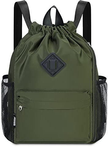 WANDF Drawstring Backpack Sports Gym Bag with Shoes Compartment, Water-Resistant String Backpack Cinch for Women Men (Dark Green,Medium)