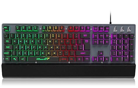 RaceGT Gaming Keyboard, Ergonomic LED Keyboard Gaming Rainbow Backlit USB Full Size Keyboard with Wrist Rest Light Up Wired Gaming Keyboards for PC Mac Laptop Computer Xbox Gamer UK Layout
