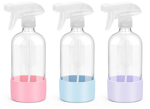Rionisor Glass Spray Bottles with Silicone Sleeve Protection, Empty 16 oz Refillable Containers, Reusable Spray Bottles with Adjustable Nozzle for Hair, Cleaning Solutions, 3 Pack Pink&Blue&Purple
