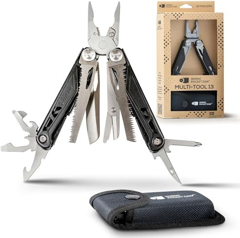 Nordic Pocket Saw Multitool 13 - Camping Multi Tool with Spring Action Pliers - Stainless Steel - Pocket Multitool with Case - Retractable Handles - Pliers with Replaceable Cutters