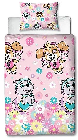 Character World Paw Patrol Offizielles Bettwäsche-Set für Einzelbett, Blumendesign, wendbar, 2-seitig, inklusive passendem Kissenbezug, Einzelbett