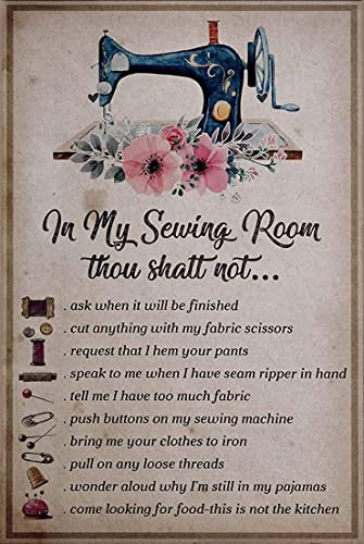Vintage-Blechschild, lustige Plakette, Nähzimmer-Dekoration, In My Sewing Room Thou Shalt Not, Wandkunst, 14 x 20 cm
