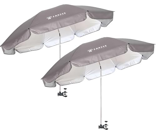 AMMSUN XL Chair Umbrella with Universal Clamp 52 inches and 360-degree Swivel UPF 50+, Portable Clamp on Camping or Beach Chair, Stroller, Wheelchair, Golf cart, Lounger (Grey-2 PACK)