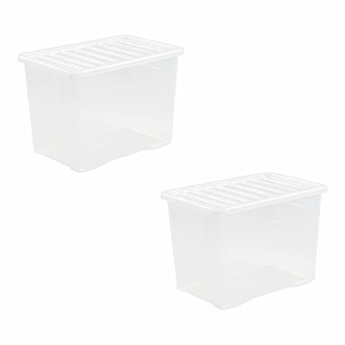 JMS we create smile Set of 2 x 80L Crystal Clear Plastic Storage Box With Transparent Lid, Organiser For Home, Garage & Office Made in UK