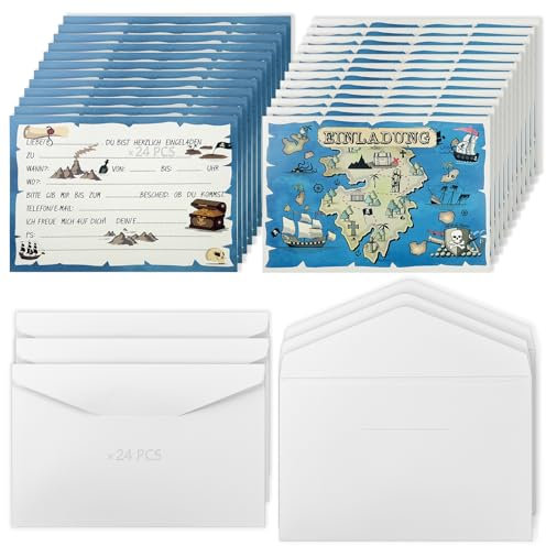 MUETERN 24 Stück Einladungskarten Kindergeburtstag, Piraten Einladungen mit 24 Stück Weiß Umschläge, Einladung für Kinder zum Geburtstag, Kinderparty