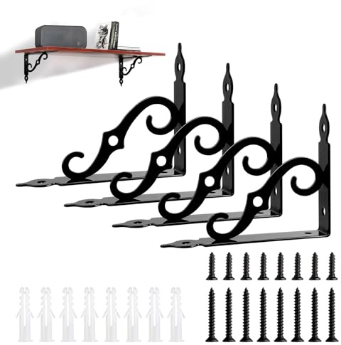 LALAGO 4 Stück Regalhalterung Schwarz Metall 14cm, Regalträger Vintage | Regalwinkel Schwarz, Antik Stil S-Förmigem Regalhalter, Schwerlastwinkel für Wandregal Schweberegal Wandkonsole Regalbrette