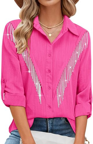 MYMORE Womens Sparkly Fringe Button Down Shirt Rolled 3/4 Sleeve Top Country Concert Nashville Western Cowgirl Outfit, B_pink, S
