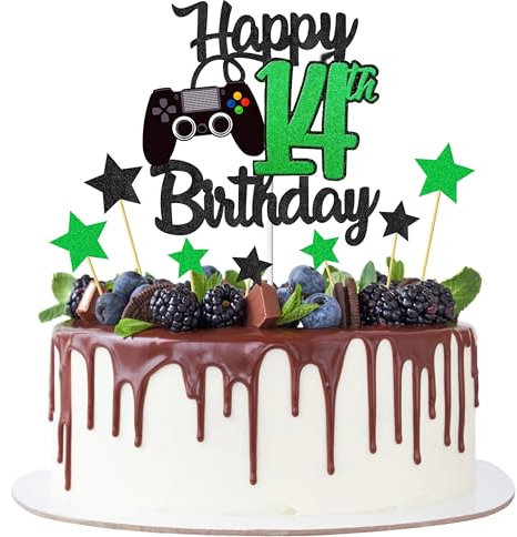 Joyeah Happy 14th Birthday Cake Topper Glitter Video Game Cake Pick Game On Cheers to 14 Years Cake Decoration for Game Theme Happy 14th Birthday Party Supplies Green