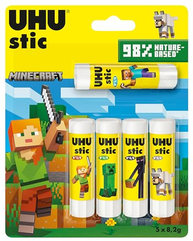 UHU Stic Minecraft Limited Edition Collezionabili, Colla Stick per la Scuola Adatta ai Bambini, Senza Solventi, Colla Sicura per i Lavoretti, Box Composta da 5 Stick da 8.2g