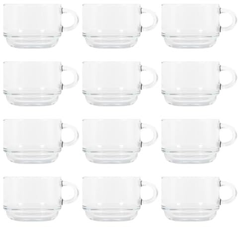 LAV 12x 270ml Cozy Stacking Glass Coffee Cups - Clear - Latte Tea Hot Chocolate Cappuccino Espresso Drinking Mugs Glasses Set with Handle