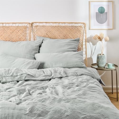 Blumtal Musselin Bettwäsche-Set 200x220 + 2x80x80 cm, Blau | OEKO-TEX zertifiziert, aus 100% Baumwolle, extra weich und bei 40 °C waschbar – leichte Sommerbettwäsche.