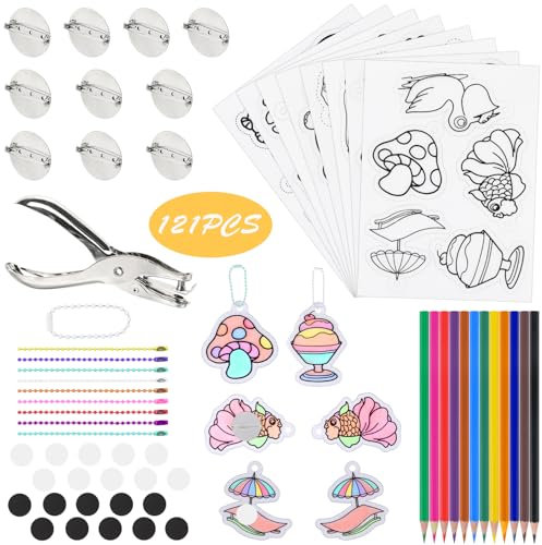 LALASTYLE 121PCS Heat Shrink Plastic Sheet Kit,Include 8PCS Shrinky Art Paper,113pcs Fridge Magnets Jewelry Making Accessories,Crteative Craft and Art Supplies