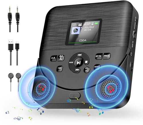 Erasiny Portable CD Player for Home 2 in 1 Bluetooth Speakers & Portable CD Player with Bluetooth/FM RX Rechargeable for Car with Colorful TFT Display