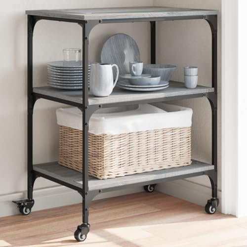 AUVYI Rollwagen Grau Sonoma Servierwagen 3 Ebenen Küchenregal auf Rollen Küchenwagen Mikrowellen-Regal für Mini-Backofen Toaster 60x41x76 cm