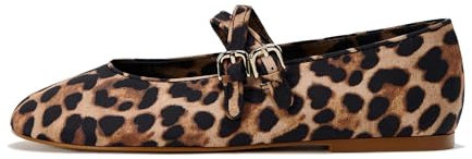 ATBELL Womens Leopard Print Ballet Flats Round Toe Double Strap Casual Ballerina Shoes Comfortable Red Mary Jane Flat for Women, Leopard, 5 UK