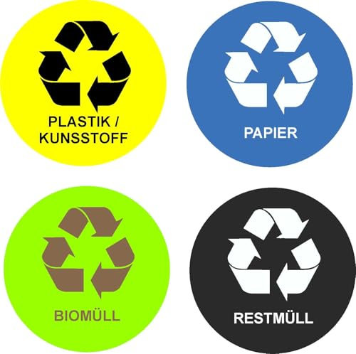 Skins4u Mülltonnen Aufkleber Sticker, 4er Set, bunt, 6 cm und 10 cm Durchmesser, UV- und Wasserbeständig, für Draußen und Innenbereich Recycling Mülleimer Klebefolie (10x10cm)