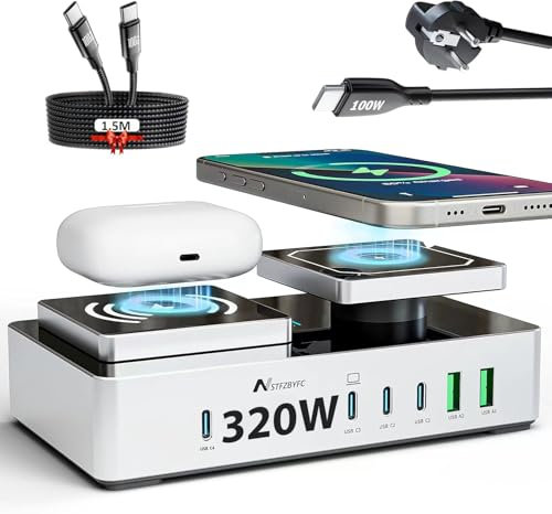 320W 8 in 1 USB C Ladestation Mit 2 Wireless Charger + 6 Bissen Netzteil Schnellladegerät für MacBook Pro/Air, iPhone 16/15, iPad Pro, Galaxy, iWatch (Dunkelgrau)