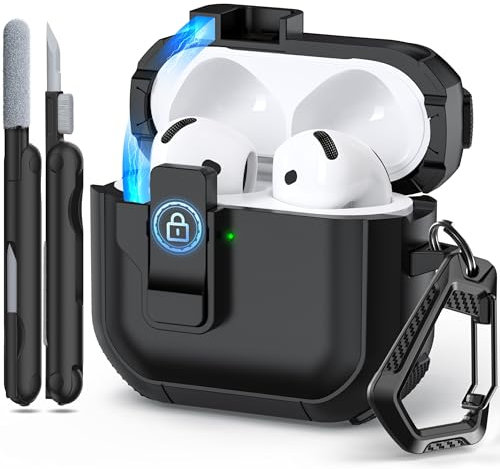 RFUNGUANGO Custodia Starship Series compatibile con AirPods 4th Case Cover con clip di chiusura sicura,custodia pop-up automatica,custodia rigida integrale per AirPods 4th Case (2024),Nero