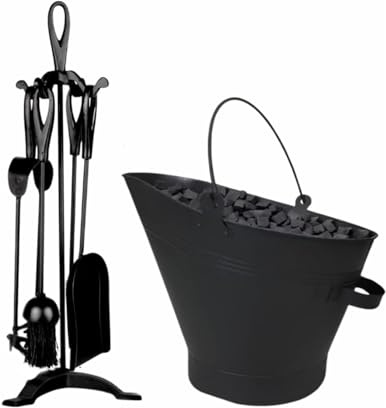Trendi Metal Fireside Waterloo Bucket & Companion Set| Fireplace Coal & Wood Scuttle | Includes Poker, Shovel, Tongs | Coal Wood Burner Accessories Kit (Companion Set with Waterloo Bucket)