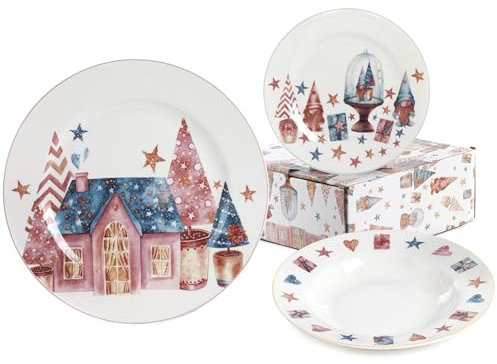 Juego de platos navideños de 18 piezas Tema Navidad de porcelana de autor Nàvel 6 hondos Ø 21,6 cm, 6 planos Ø 21,6 cm y 6 planos Ø 26,7 cm con elegante caja litografiada