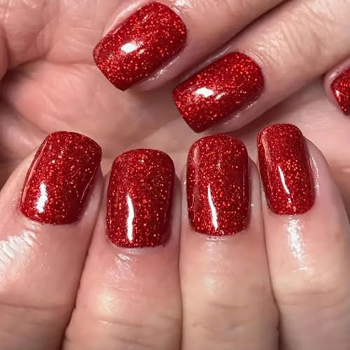 Sparkling Red Square Press-On Nails - 24Pcs Short Fake Nails with Jelly Adhesive - 12 Sizes - Easy and Quick Manicure Solution