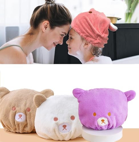Ceeyoll 3 Stück mikrofaser Handtuch Haare,Bear Trockenhaarhaube,Turban Handtuch Kinder,Trockenhauben für Haare,2 Größen für den täglichen Bedarf und Verschiedene Anlässe verwenden.(Khaki, Weiß, Lila)
