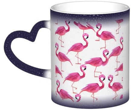KHDKLXOHZ Keramik-Kaffeetasse mit niedlichem Flamingo, 325 ml, Farbwechsel, wärmeempfindliche Tassen mit Herzgriff und 3D-Muster, lustiges Geschenk für Kaffee und Tee