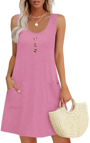 MOLERANI Vestido de Verano para Mujer Cuello Redondo Vestido sin Mangas Vestido Casual Suelto con Bolsillos Flor Rosa M