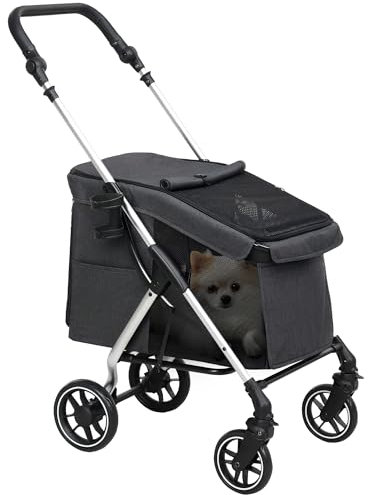 PawHut Hundewagen leicht Hundebuggy aus Aluminium klappbar für Hunde & Katzen Katzenbuggy mit Kissen Netzfenstern Türen Aufbewahrungskorb Katzenwagen Buggy Grau