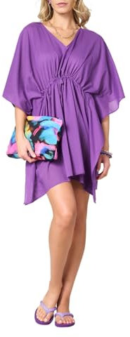 Goldenpoint Donna Copricostume Estivo - Abito Corto con Maniche a Pipistrello e Scollo a V con Coulisse in Cotone Tinta Unita Taglia Unica Colore Viola