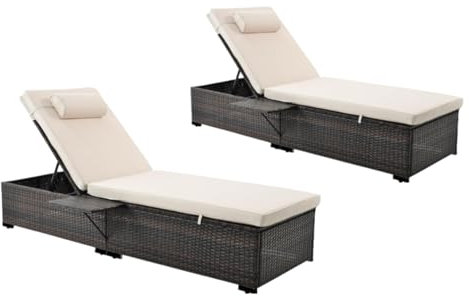 CONCEPT Fábrica | Juego de 2 tumbonas de resina trenzada Punta Cana marrón | Respaldo reclinable + estante lateral | Cojines beige desmontables | Tumbona Confort Jardín & Piscina
