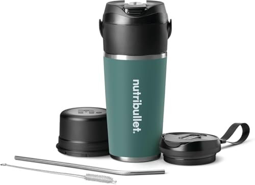 nutribullet Flip NBP016EUC, Batidora Portátil con Vaso Térmico de 590ml, Conserva el Frío 24h, Bate Hielo, Incluye Tapa y Pajita, Carga USB-C, Acero Inoxidable, Eucalypto