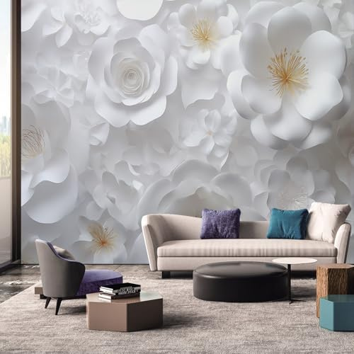 White Floral Wallpaper Mural, 3D Effect Flower Wall Mural, Non-woven Print Photo Wallpaper for Bedroom Living Room Decor 200x140 cm