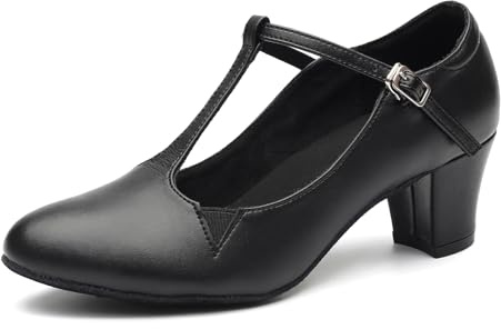 GYUBL Women T-Strap Character Dance Shoes 5cm Block Heel | Closed Toe, Suede Sole for Indoor Ballroom Latin Teacher Practice