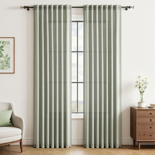 CUTEWIND Vorhang Grün Leinenoptik Halbtransparent 2er Set Gardinen Wohnzimmer Modern H 225 x B 140 cm, Vorhänge Salbeigrün Leinen Schlafzimmer Curtains Living Room, mit verdeckten Schlaufen
