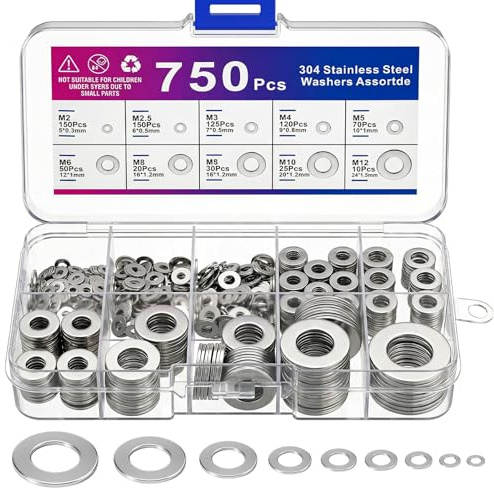 750 Stück Unterlegscheiben-Set aus Edelstahl, Sicherungsscheiben Sortiment, flache Unterlegscheiben für Schrauben, 9 Größen Unterlegscheiben Sortiment (M2 M2.5 M3 M4 M5 M6 M8 M10 M12)
