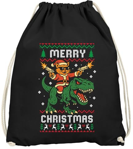 MoonWorks® Turnbeutel Spruch lustig Weihnachten Dino Tyrannosaurus Rex XMAS Katze Weihnachtsbeutel Gymbag Schwarz unisize