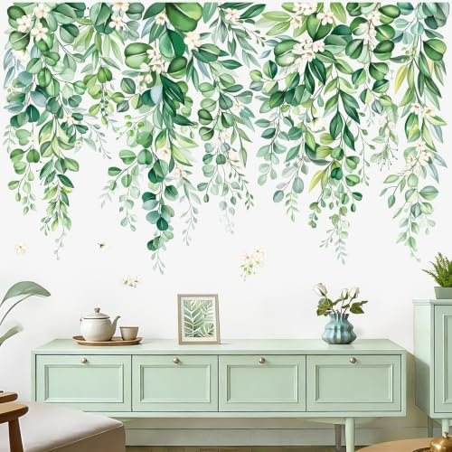 wondever Wandtattoo Hängende Blätter Grüne Wandsticker Pflanzen Eukalyptus | Abziehen und Aufkleben, Abziehbar, Wandaufkleber Selbstklebend für Schlafzimmer Wohnzimmer Flur Sofa Hintergrund Wanddeko