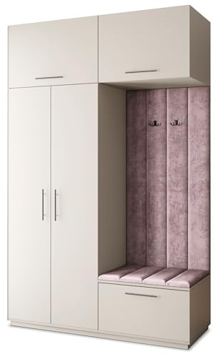 Masseno Flugarderoben Set Rema, Kleiderschrank-Set mit Sitzbank, Garderobenschrank Flur mit 5 Regalböden, Kaschmir