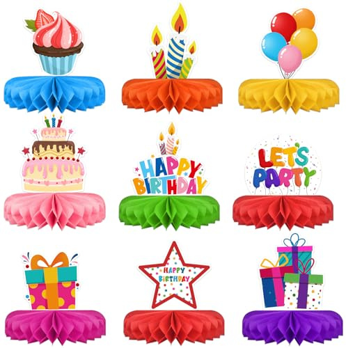 Bunte Happy Birthday Tischdeko,9 Stück Bienenwaben Deko Tischaufsätze Set | Geburtstagsdeko Tisch,Geburtstag Deko,Waben Tischdekoration Partydeko