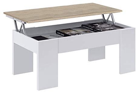 Habitdesign Tavolino rialzabile, Tavolo da Soggiorno o da Pranzo, Modello LC, Rifinito in Bianco Artik e Rovere Canadese, Misure: 100 cm (Larghezza) x 50 cm (profondità) x 45-56 cm (Altezza)