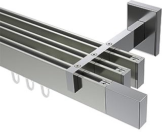 Interdeco Innenlauf-Gardinenstangen eckig Edelstahl Optik/Chrom 3-läufig Typ 10212924, 160 cm