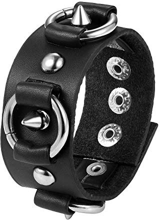 JewelryWe Herren Damen Lederarmband Gothic Nieten Spike Killernieten Druckknopf Breit Leder Armband Armreif verstellbare Schwarz