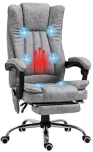 Vinsetto Office Chair with Massage and Heat, Microfibre Reclining Computer Desk Chair with Footrest and Adjustable Height, Swivel Wheels for Home Office, Grey