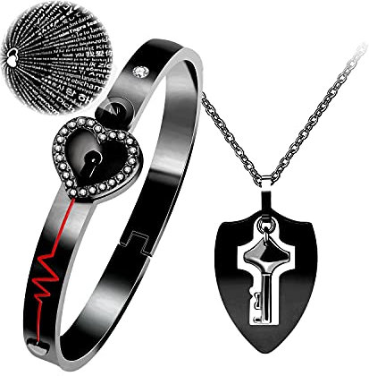 100 Sprachen Ich liebe dich Herzschlag Armreif Armband & Schild Schlüssel Anhänger Halskette, Schwarz Edelstahl Schlüssel zum Herzen Paare Schmuck Y953 (Schwarz)