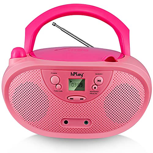 hPlay GC04 Portable CD Player Boombox with AM FM Stereo Radio Kids CD Player LCD Display, Aux-Port Supported AC or Battery Powered - Pastel Pink