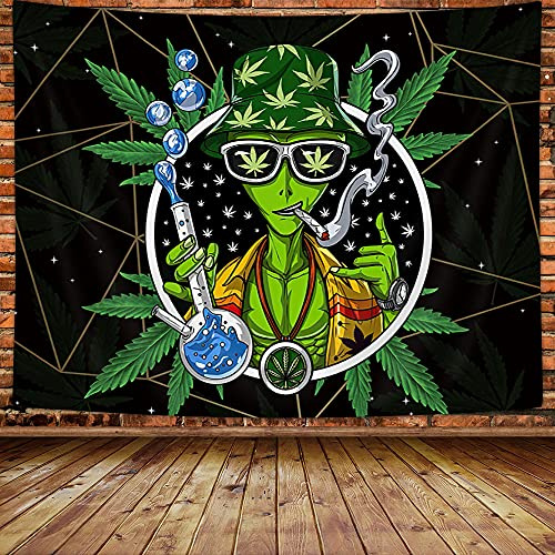 MERCHR Trippy Weed Tapisserie für Herren, cooler Alien-Wandteppich, ästhetischer Marihuana-Blatt-Tapisserie, psychedelische Batikfärbung, kleiner Wandteppich für Schlafzimmer, Heimdekoration (60 x 40)