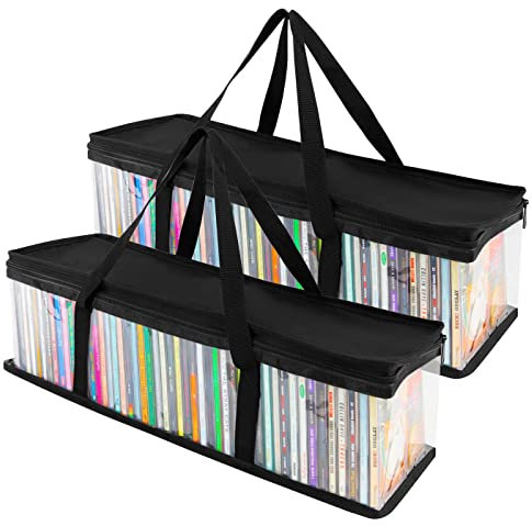 Stock Your Home CD Storage Bags (2 Pack) - Transparent PVC Media Storage - Water Resistant CD Holder Case with Handles - Clear Plastic Carrying Game Bag Storage for CDs, Albums, Video Games, Books